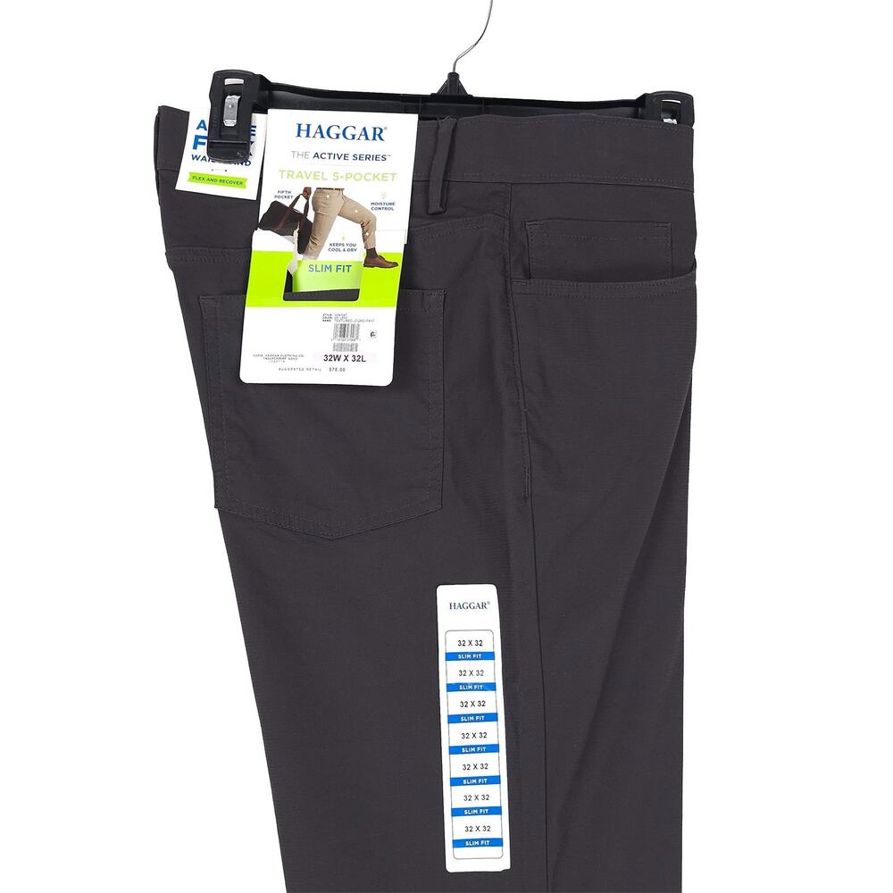 Haggar Mens Slim Fit Travel 5 Pocket Pants 32x32 Lead Dark Grey Stretch Ripstop
